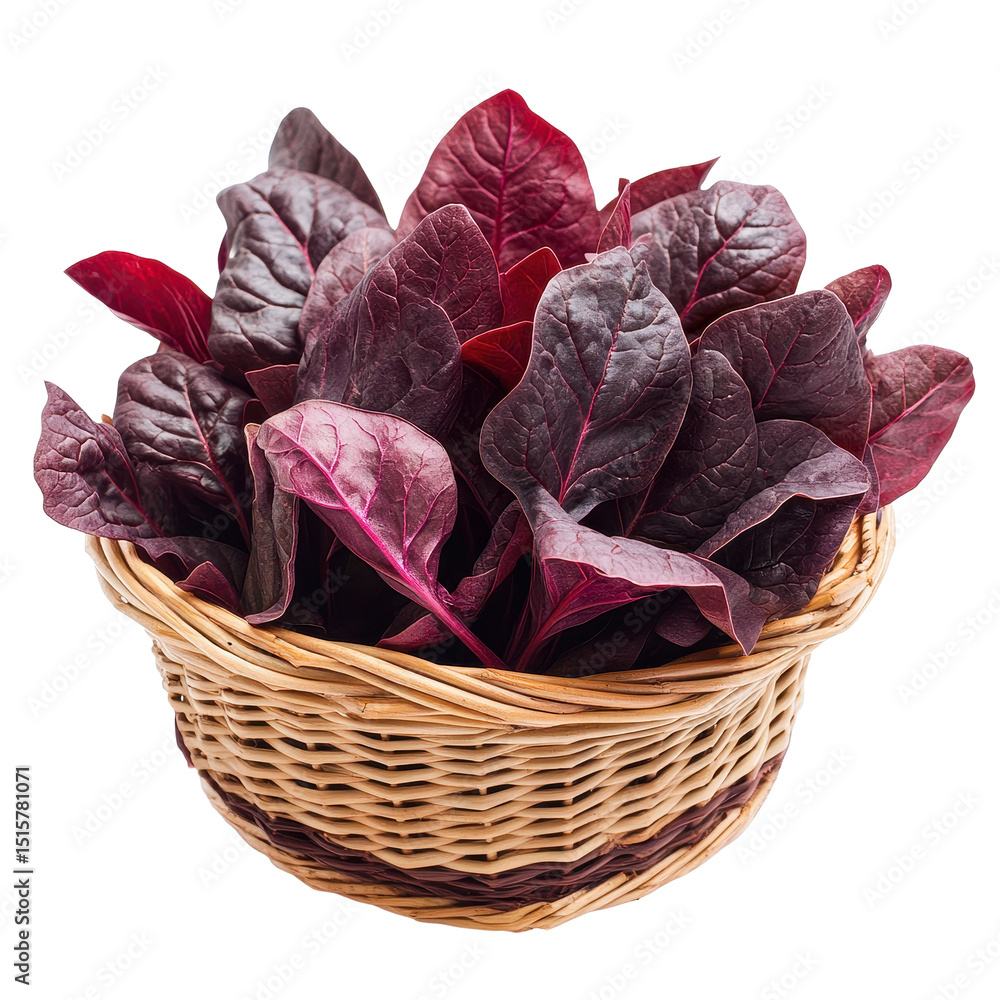 Poster fresh red spinach in a wicker basket isolated on a clean transparent background showcasing vibrant c