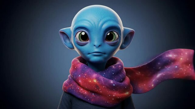 This is a smiling blue alien wearing galaxy-patterned scarf and dark sweater against shaded background, copy space.