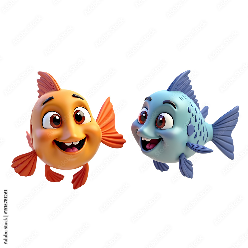 Poster two animated fish characters smiling cheerfully with vibrant colors and friendly expressions on a pl