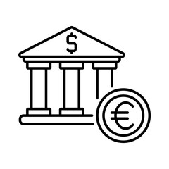 Bank Building Icon with Dollar and Euro Currency Symbols - Line Style Vector