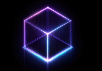 Glowing neon cube, vibrant purple and blue lines forming a 3D structure on a black background, casting a subtle reflection
