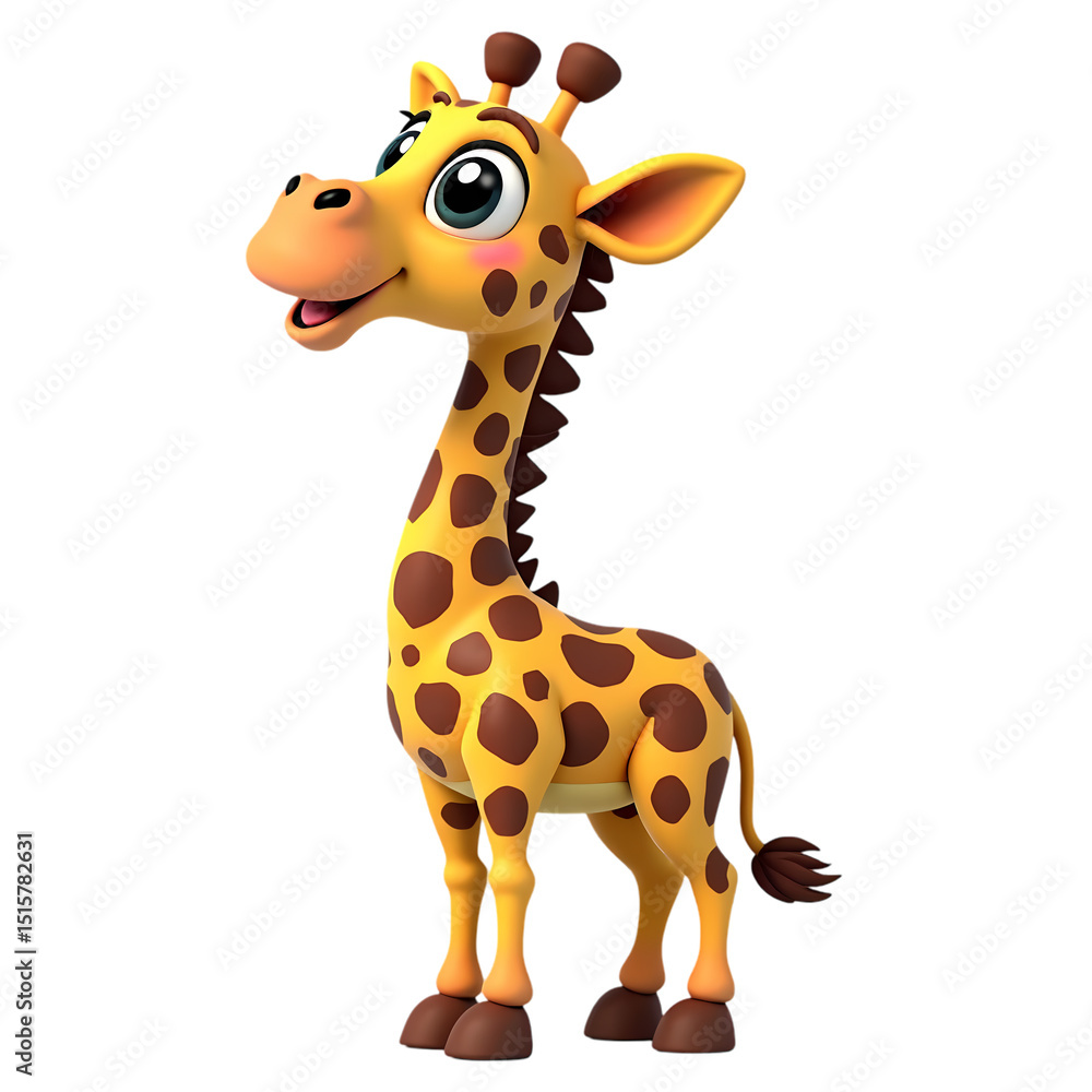 Poster a cartoon giraffe standing with a smile on its face and in a full view isolated on transparent backg