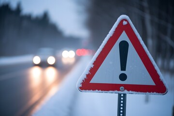 Cautionary Snow-Covered Warning Sign on a Winter Road