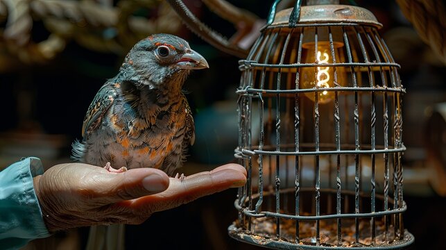 Bird perched on hand near a lantern, showcasing close bond between human and nature in an intimate setting at night