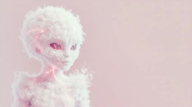 An otherworldly cloud alien with bright red eyes seems to be crackling a pink electrical current against pastel background, copy space.