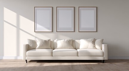 Sunlit minimalist living room with off-white sofa and three empty, framed prints on a light wall