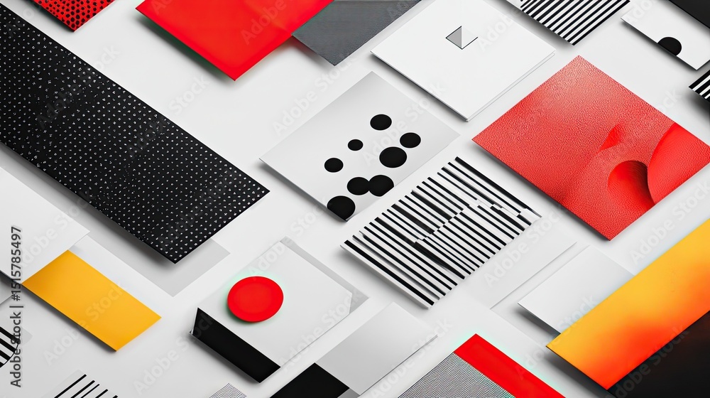 Poster aerial view of assorted geometric patterned cards scattered on a white surface design