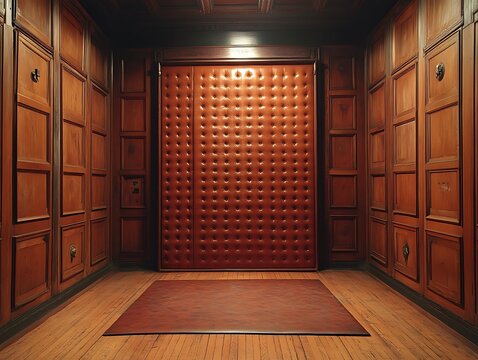 Opulent wood-paneled room features an elevator door with button-tufted design