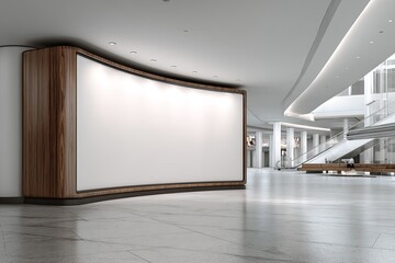 Large, curved blank billboard in modern, bright shopping mall atrium with wood frame, marble floor, and escalator visible in background