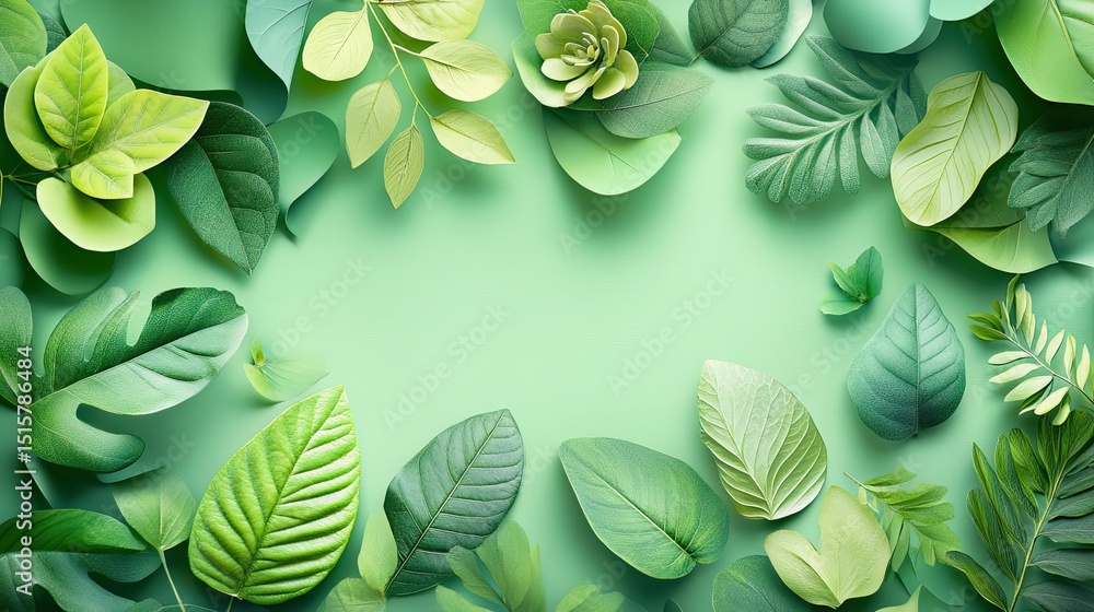 Poster a green background with various types of green leaves arranged around the edges of the frame