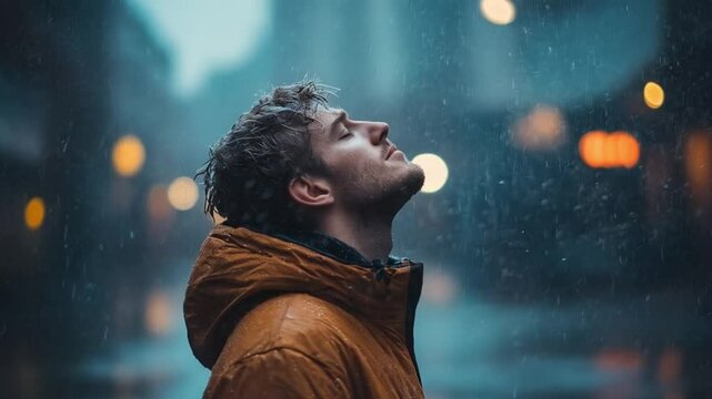 A man in a brown jacket stands under rain