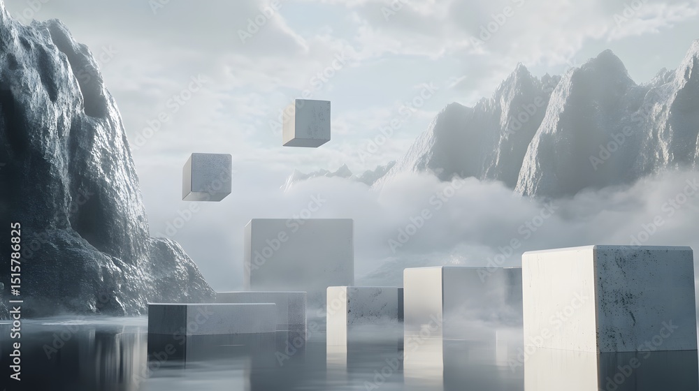 Poster abstract landscape scene with floating cubes and misty mountains.