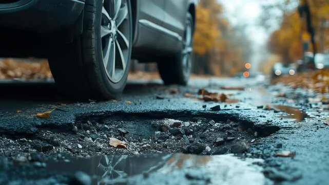 car wheels running and closed up Very bad quality street with potholes. have tree. Damaged asphalt pavement road with potholes in city, dangerous, broken, garage 