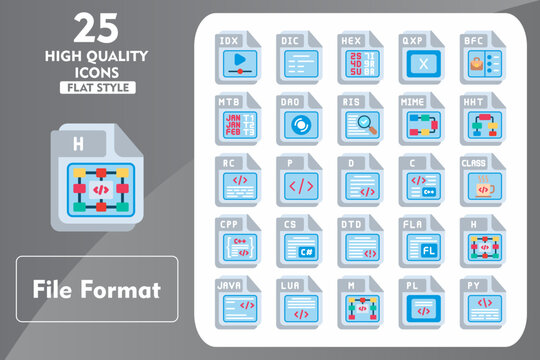 File Format Flat Icon Set. Incleded Icons IDX, DIC, HEX, QXP, BFC, MTB, DAO, RIS, MIME, HHT. Vector Icons Collection