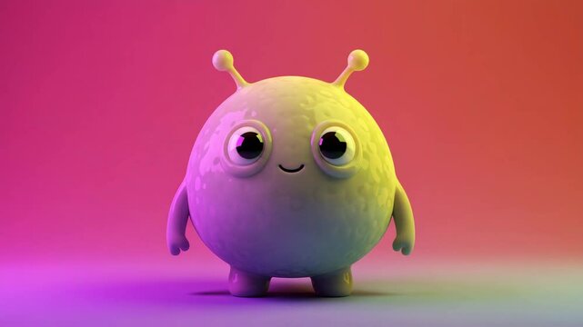 A cartoon alien with large eyes and stubby arms stands against gradient backdrop of pink, yellow, purple shades, copy space.