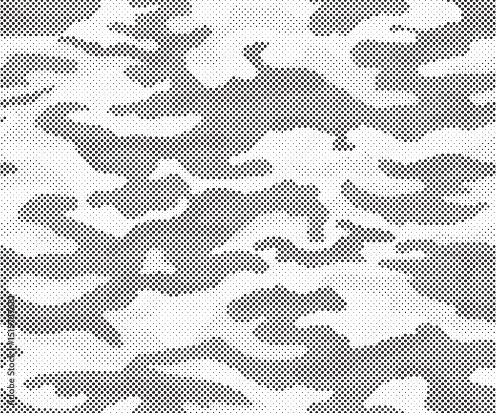 Poster Abstract halftone seamless camouflage pattern. Repeating digital dotted hexagonal camo military texture background. Abstract modern fabric textile ornament. Vector illustration.