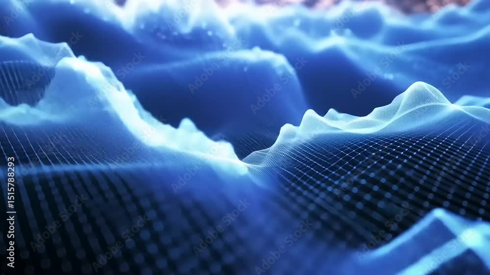 Poster abstract representation of blue waves with digital particles, creating a futuristic ocean-like lands