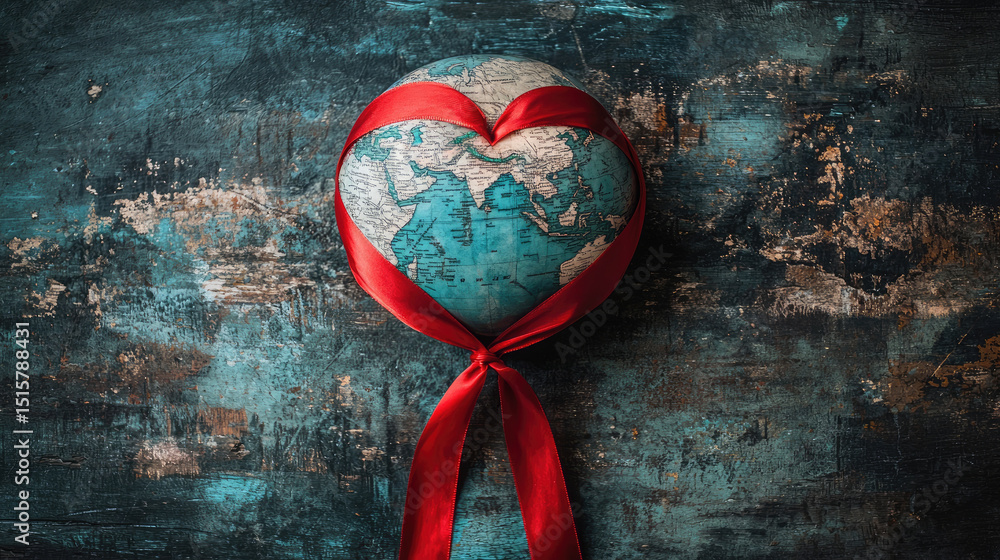 Aufkleber globe shaped like heart, wrapped in red ribbon, symbolizes love and connection to world. textured ba