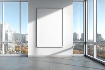 A large, blank framed canvas hangs on a white wall in a modern room with floor-to-ceiling windows offering a panoramic city view, sunlit