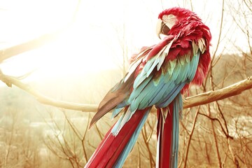 Scarlet macaw on a branch outdoors