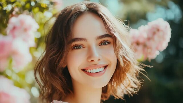woman with beautiful bright black eyes with shining blue shadows, beige lipstick and expressive eyebrows, pitted look of colored paper, fashion, beauty, make-up, cosmetics, salon style

