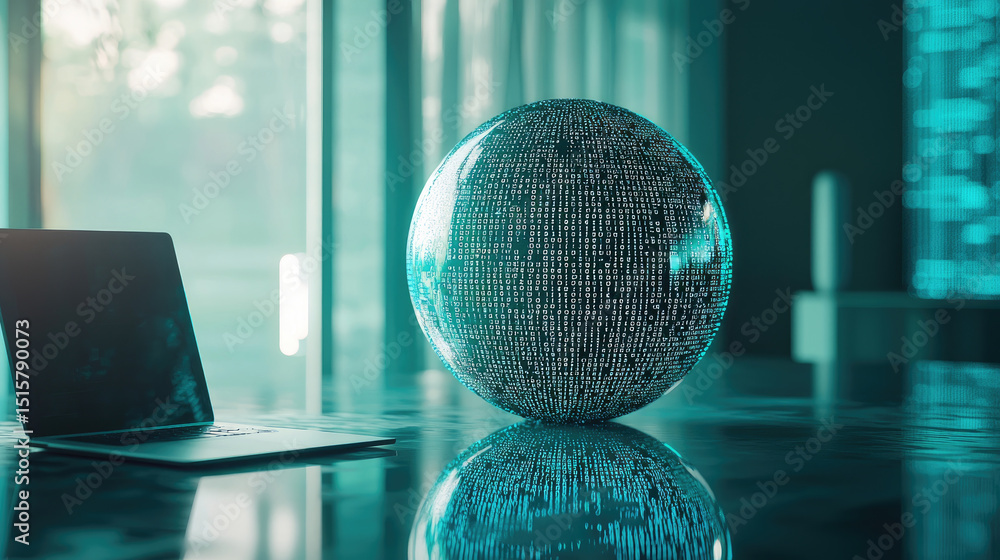 Poster abstract globe made of binary code sits beside modern workstation, reflecting futuristic digital env