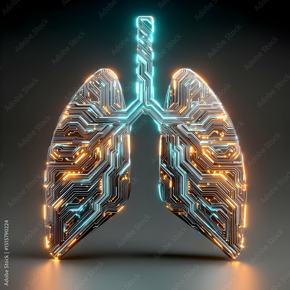 Poster a futuristic representation of lungs integrated with circuit patterns, symbolizing the intersection 
