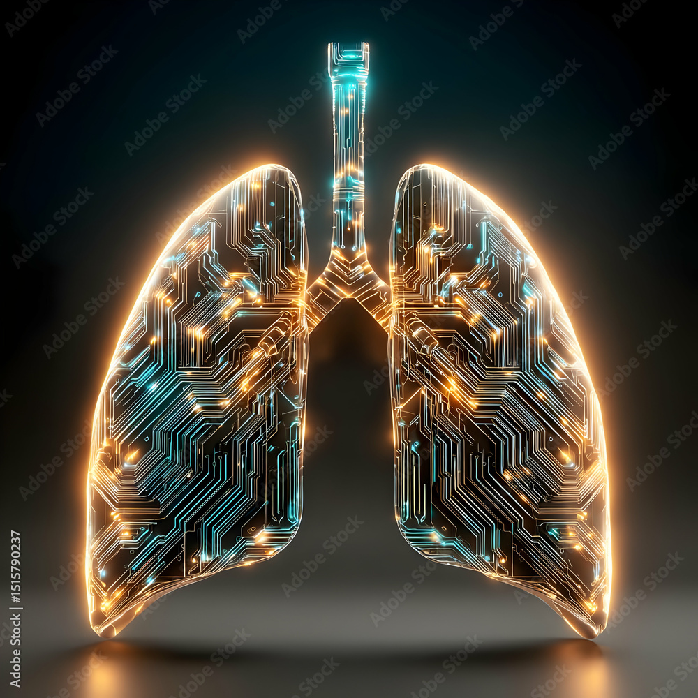 Poster a futuristic depiction of lungs designed with a circuit board pattern, symbolizing the intersection 