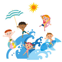 大波に乗って水遊びを楽しんでいる子供達