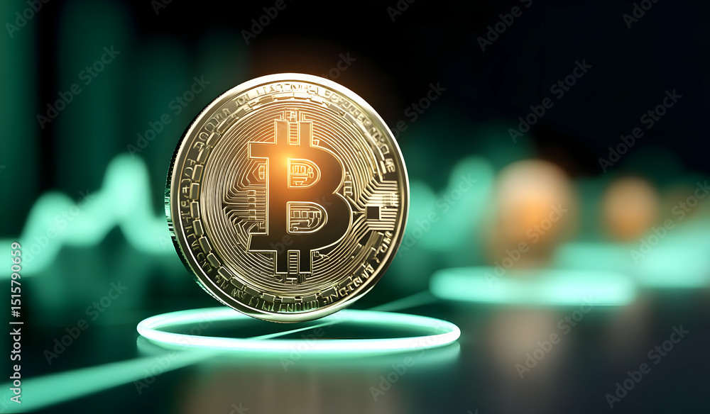 Poster a visually striking image of a bitcoin standing out against a background of fluctuating financial gr