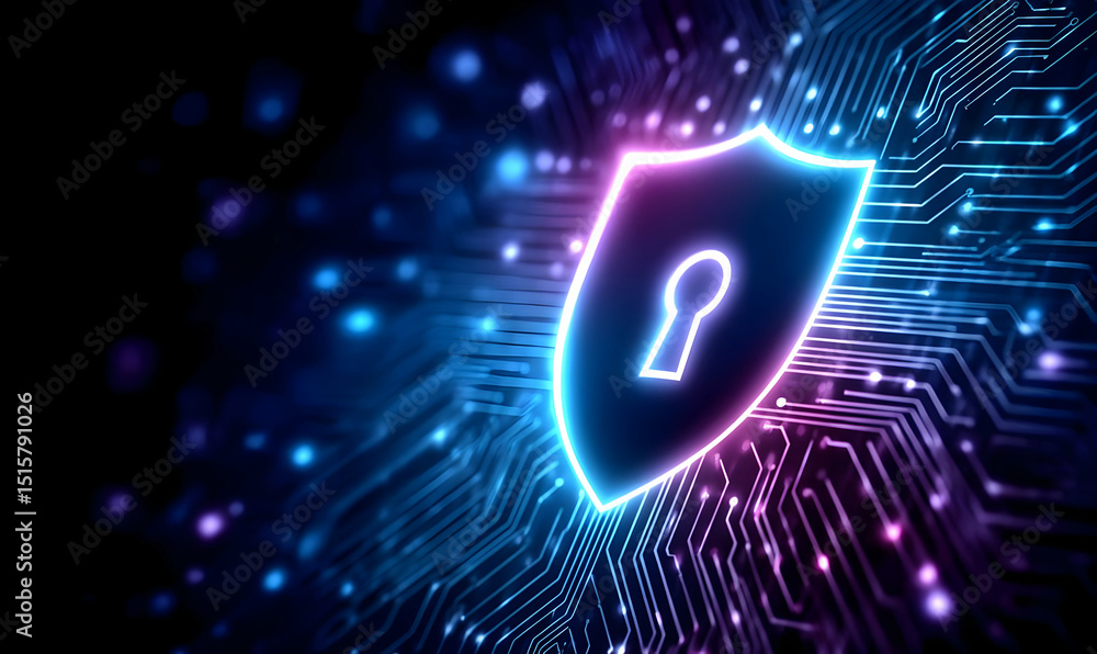 Poster vibrant digital shield symbolizing cybersecurity, with neon colors and circuit patterns. representin