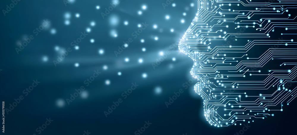 Poster a digital silhouette of a human face composed of circuit patterns and glowing particles, symbolizing