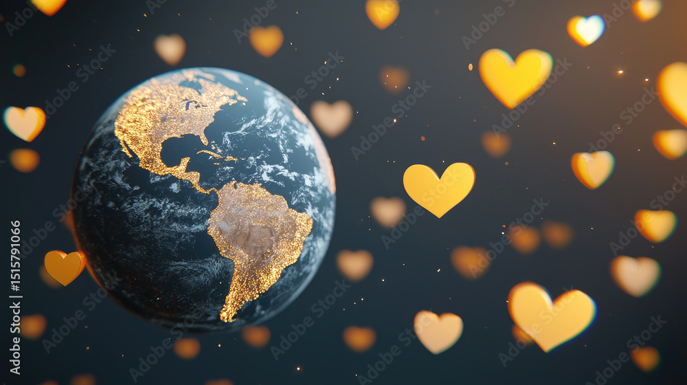 Aufkleber artistic rendering of earth with glowing heart shapes surrounding it, symbolizing love and connectio