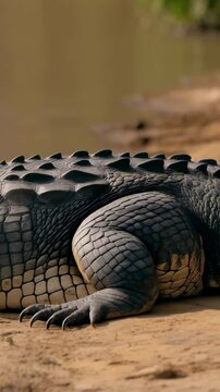 Detailed close-up of a basking reptile alligator or crocodile displaying textured skin and claws on sandy ground near the water edge