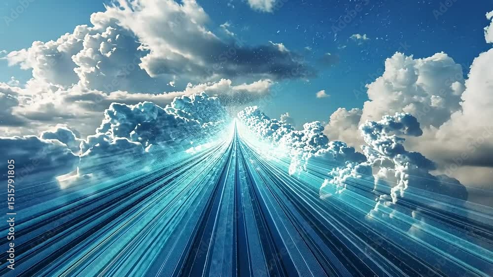 Poster surreal landscape depicting a vibrant pathway through clouds with dynamic light effects and depth