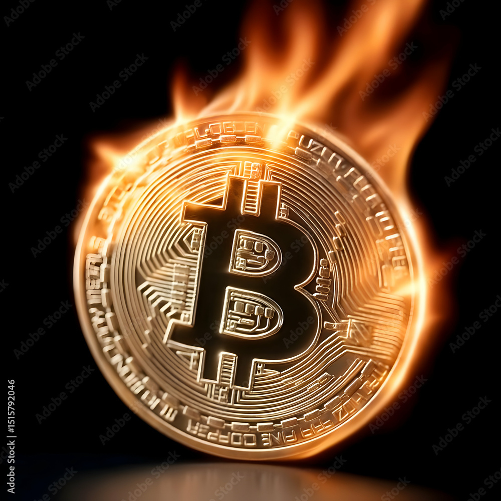 Poster a stunning visual of a bitcoin coin engulfed in flames, symbolizing the dynamic and volatile nature 