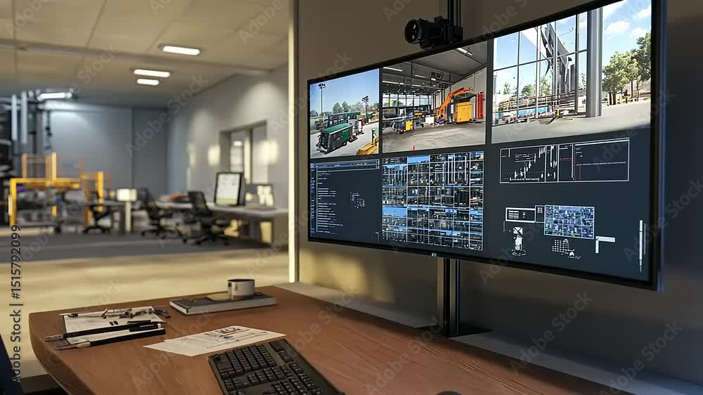 Aufkleber modern office workspace with multiple screens displaying industrial operations and background activi