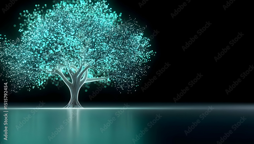 Poster a visually stunning tree illuminated with a soft glow against a dark background, reflecting tranquil