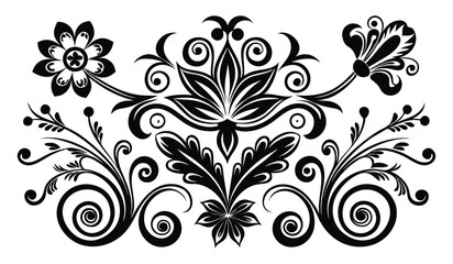 Elegant Black and White Ornamental Pattern with Swirls and Flourishes, On White Background
