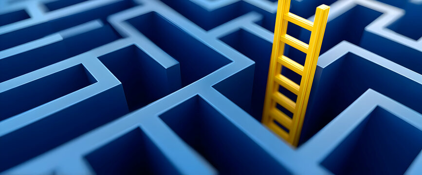 A vibrant blue maze featuring a bright yellow ladder symbolizes overcoming obstacles and finding solutions. A unique perspective on problem-solving.