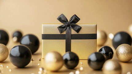 Beautifully wrapped gold gift box with black ribbon sits amidst collection of shiny black and gold ornaments, creating elegant and festive atmosphere perfect for celebrations