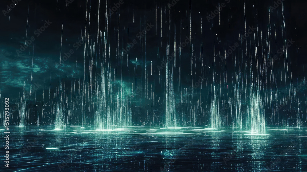 Poster digital data streams cascade across futuristic cityscape, creating mesmerizing visual of technology 