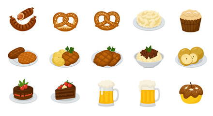 Oktoberfest food icons with bavarian cuisine, and white.