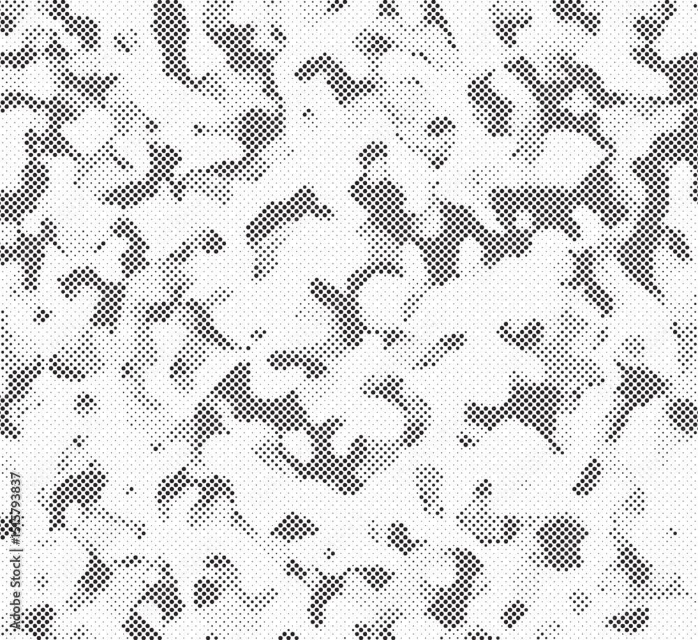 Poster Abstract halftone seamless camouflage pattern. Repeating digital dotted hexagonal camo military texture background. Abstract modern fabric textile ornament. Vector illustration.
