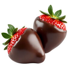 Two strawberries partially dipped in dark chocolate with green leaves close up isolated on transparent background