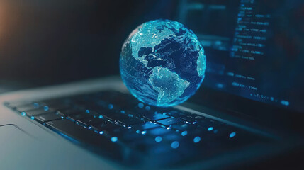 Glowing hologram of Earth floating above laptop keyboard, symbolizing technology and global connectivity. image evokes sense of innovation and digital advancement