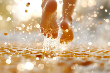 Description a surreal dream of care a womans feet floating lightly in the air enveloped in golden light and honey mist Atmosphere magical ethereal visua