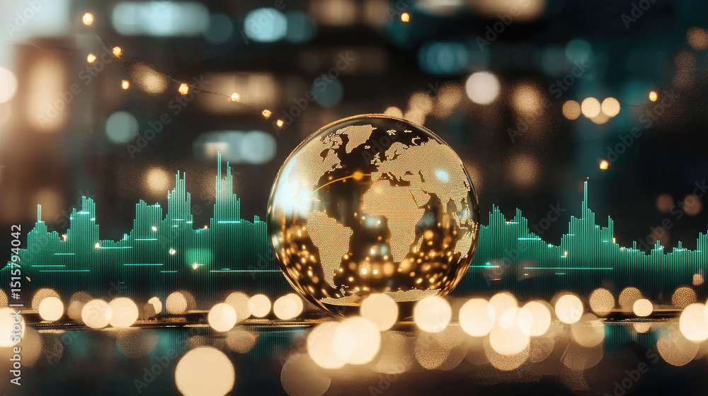 Poster golden globe representing world stands prominently against backdrop of green line chart, symbolizing