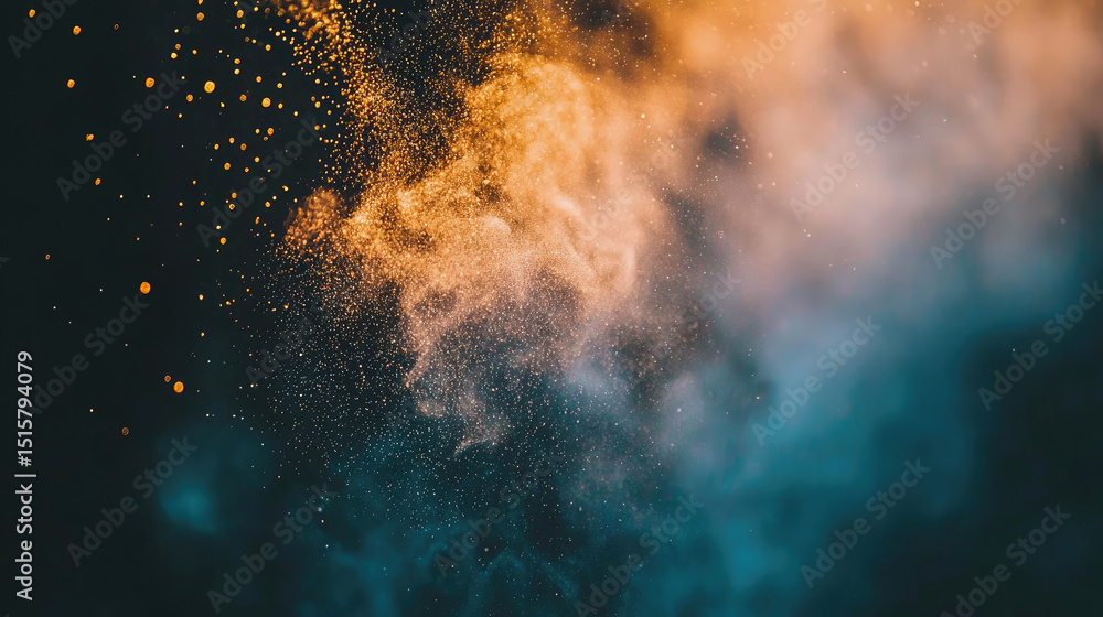 Poster golden dust particles floating in air create mesmerizing visual effect against dark background, evok