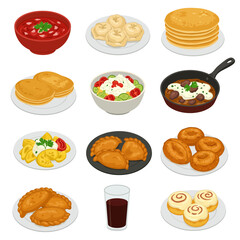 Slavic cuisine vector Dishes illustration.